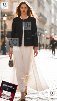 CHANEL 10PF Black Red Trimming Wool Tweed Collarless Jacket 34 シャネル ブラック レッド トリミング ウール ツイード ノーカラー ジャケット 即発