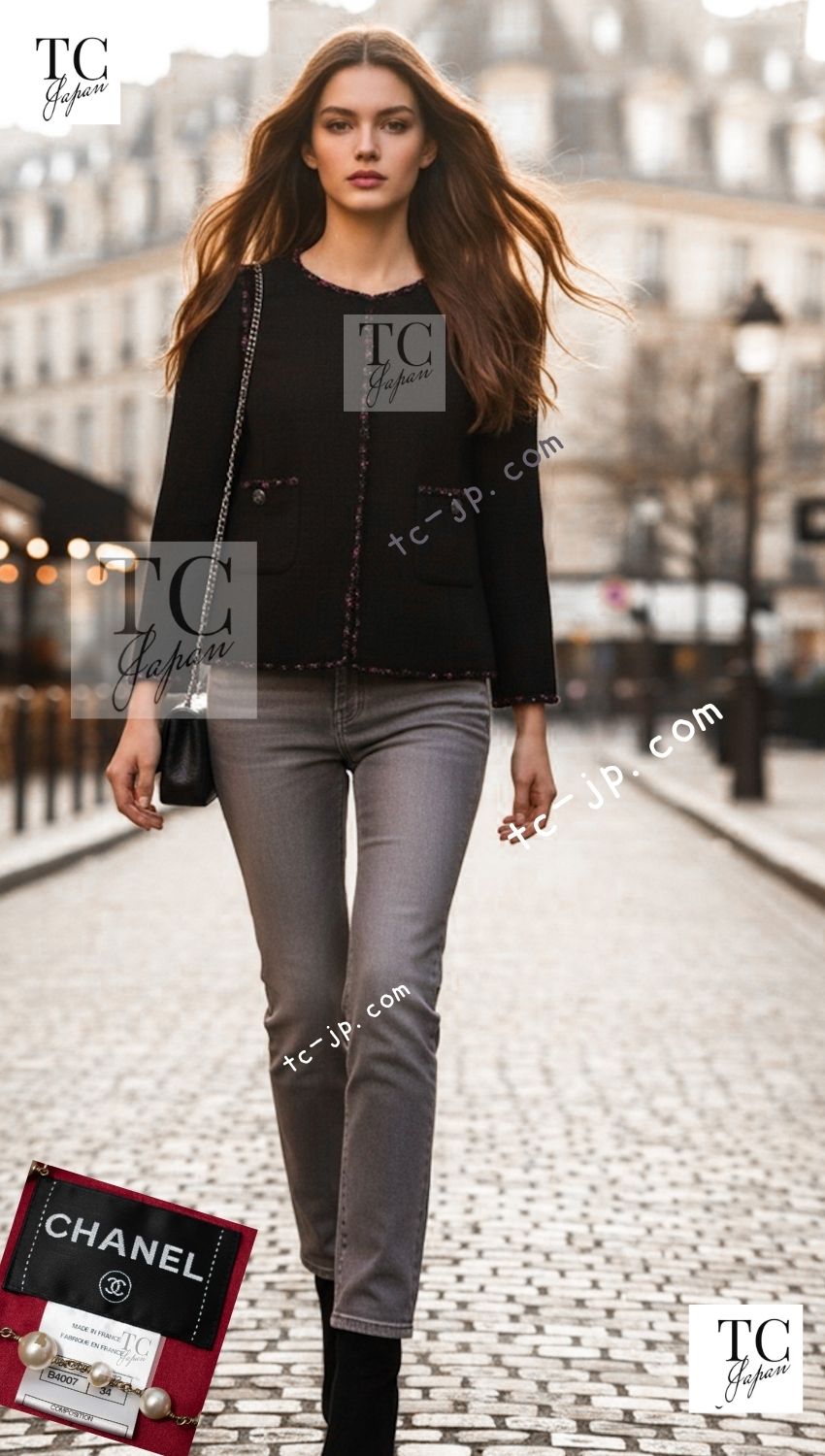 CHANEL 10PF Black Red Trimming Wool Tweed Collarless Jacket 34 シャネル ブラック レッド トリミング ウール ツイード ノーカラー ジャケット 即発