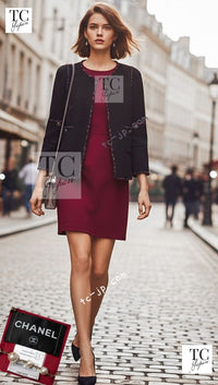 CHANEL 10PF Black Red Trimming Wool Tweed Collarless Jacket 34 シャネル ブラック レッド トリミング ウール ツイード ノーカラー ジャケット 即発