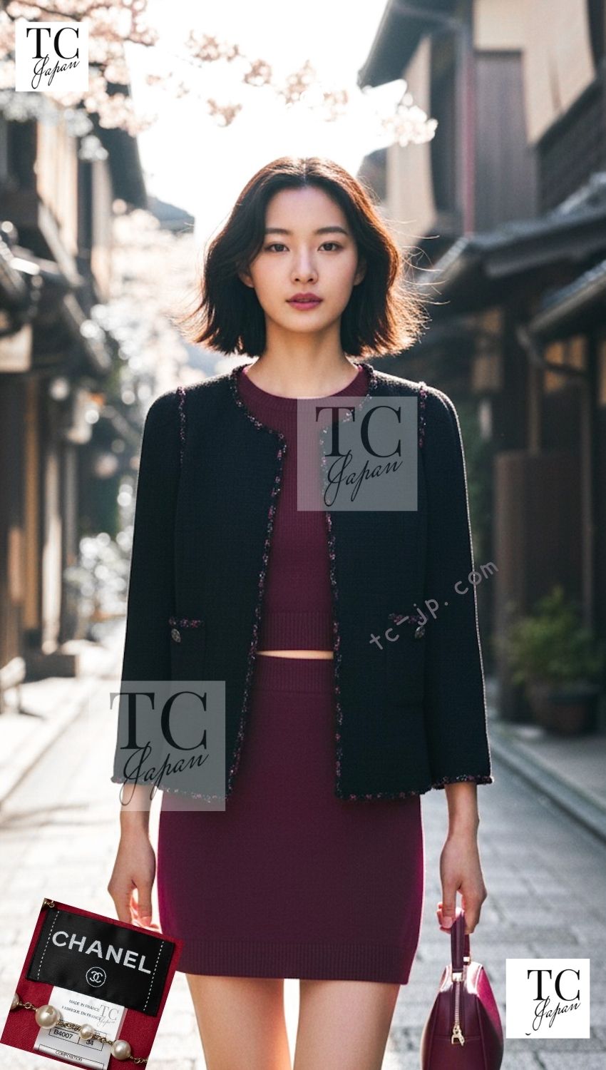 CHANEL 10PF Black Red Trimming Wool Tweed Collarless Jacket 34 シャネル ブラック レッド トリミング ウール ツイード ノーカラー ジャケット 即発