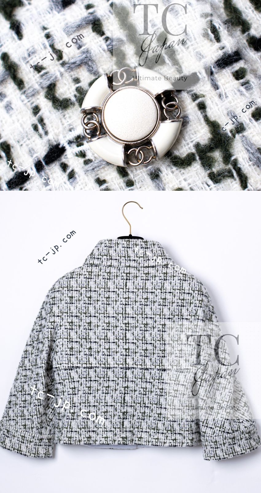 シャネル ジャケット CHANEL アイボリー カーキ カシミヤ ウール