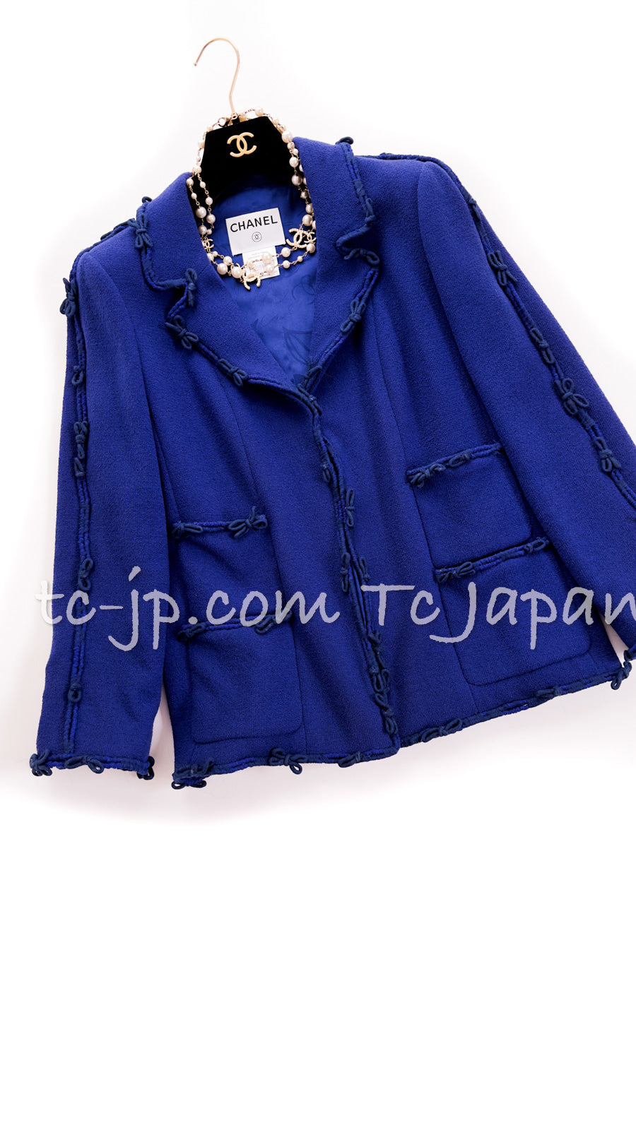 CHANEL 07PF Royal Blue Trimming CC Flower Buttons Wool Jacket 42 シャネル ロイヤル ブルー トリミング フラワー ココ ボタン ウール ジャケット 即発