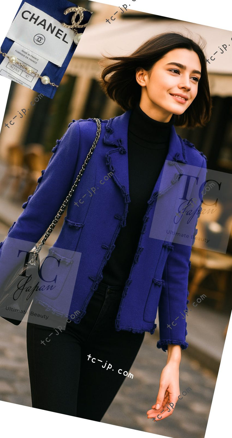 CHANEL 07PF Royal Blue Trimming CC Flower Buttons Wool Jacket 42 シャネル ロイヤル ブルー トリミング フラワー ココ ボタン ウール ジャケット 即発