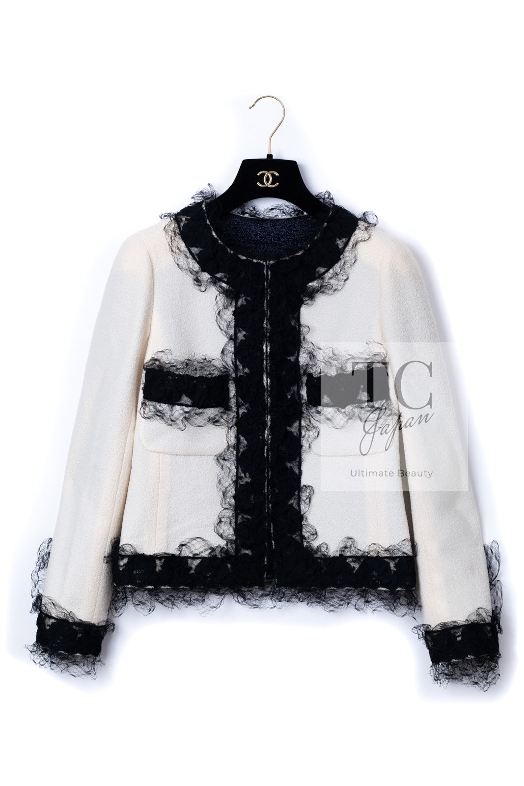 CHANEL 10C Ginza Limited Ivory Black Tulle Trimming Wool Silk Jacket 34 シャネル 銀座限定 アイボリー ブラック チュール レース トリミング ジャケット 即発
