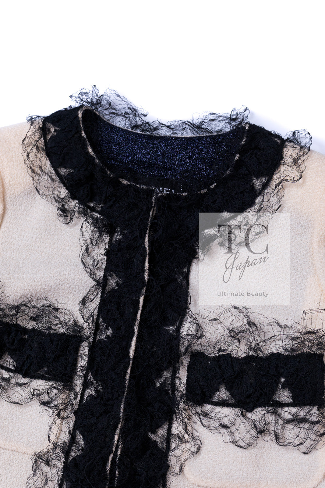 CHANEL 10C Ginza Limited Ivory Black Tulle Trimming Wool Silk Jacket 34 シャネル 銀座限定 アイボリー ブラック チュール レース トリミング ジャケット 即発