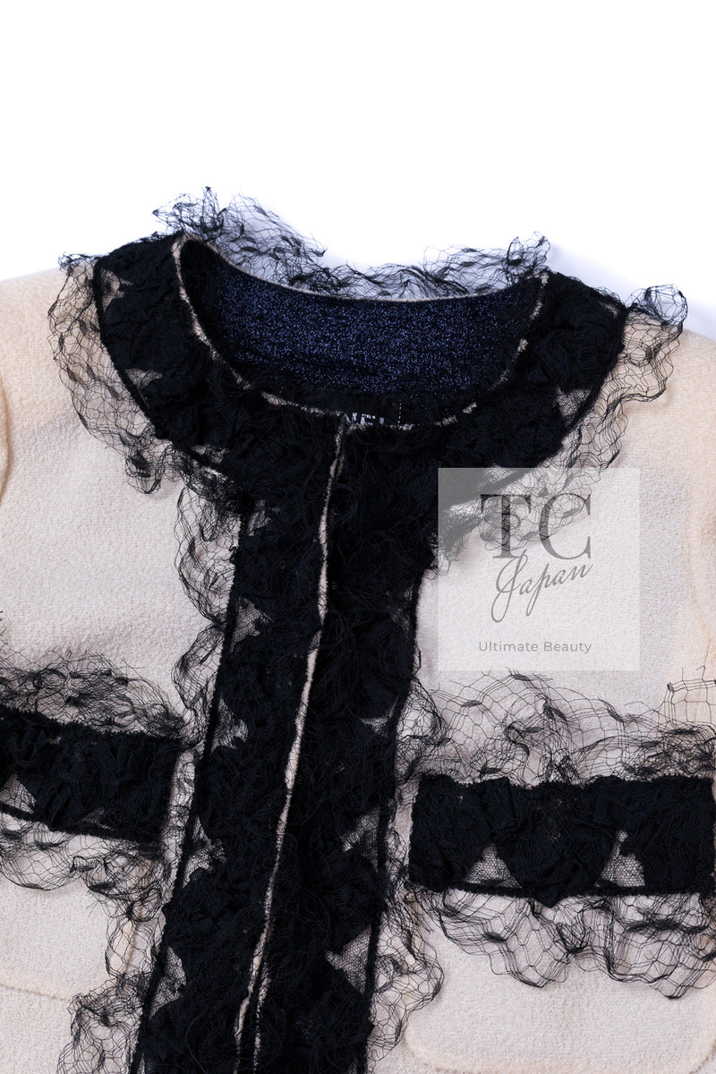 CHANEL 10C Ginza Limited Ivory Black Tulle Trimming Wool Silk Jacket 34 シャネル 銀座限定 アイボリー ブラック チュール レース トリミング ジャケット 即発
