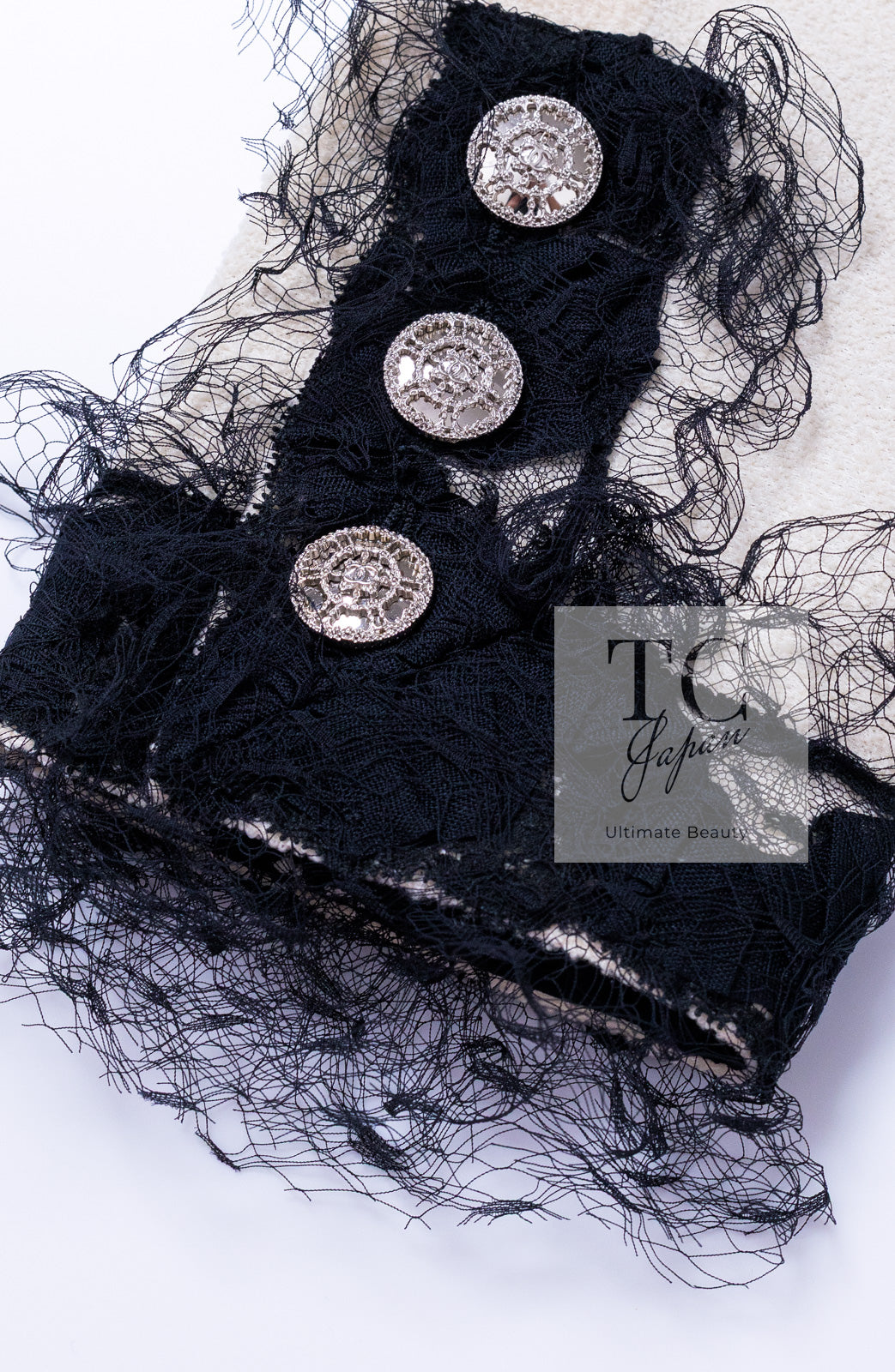 CHANEL 10C Ginza Limited Ivory Black Tulle Trimming Wool Silk