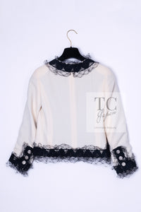 CHANEL 10C Ginza Limited Ivory Black Tulle Trimming Wool Silk Jacket 34 シャネル 銀座限定 アイボリー ブラック チュール レース トリミング ジャケット 即発
