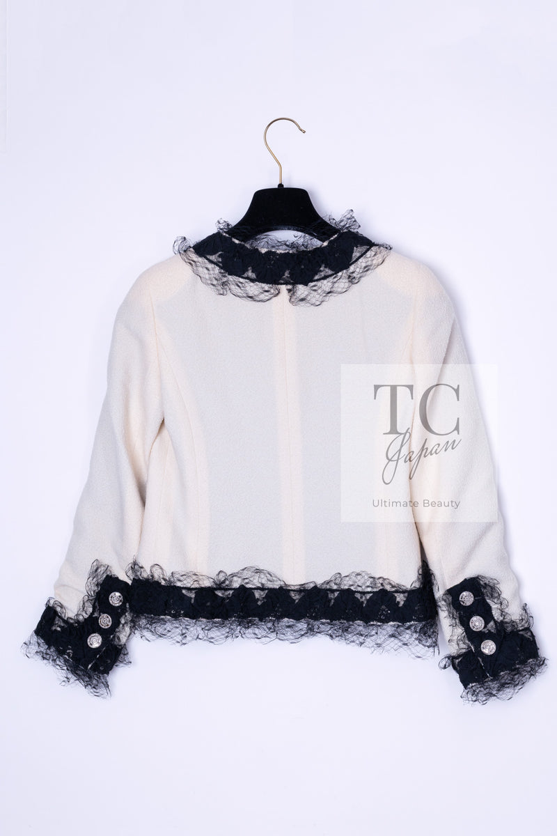 CHANEL 10C Ginza Limited Ivory Black Tulle Trimming Wool Silk Jacket 34 シャネル 銀座限定 アイボリー ブラック チュール レース トリミング ジャケット 即発