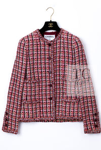 CHANEL 02S Vintage Red Mix Trim Collarless Tweed Jacket 34 36 42 シャネル ヴィンテージ レッド ミックス トリム ノーカラー ツイード ジャケット 即発
