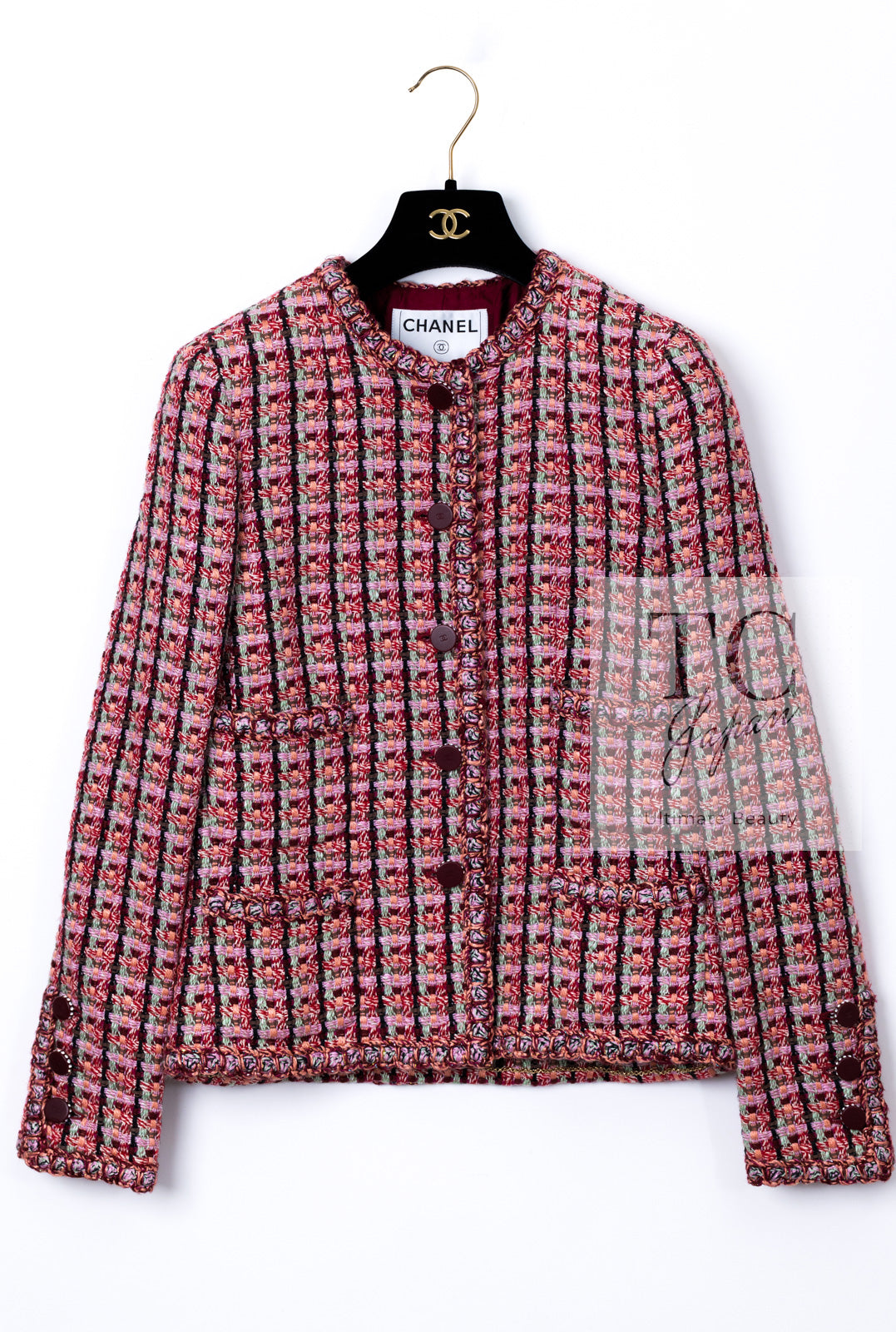 CHANEL 02S Vintage Red Mix Trim Collarless Tweed Jacket 34 36 42 シャネル ヴィンテージ レッド ミックス トリム ノーカラー ツイード ジャケット 即発