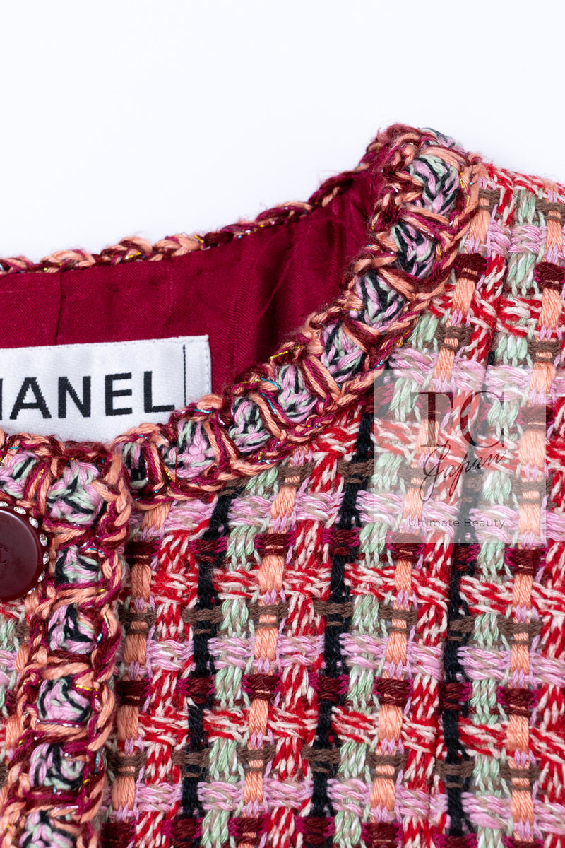 CHANEL 02S Vintage Red Mix Trim Collarless Tweed Jacket 34 36 42 シャネル ヴィンテージ レッド ミックス トリム ノーカラー ツイード ジャケット 即発