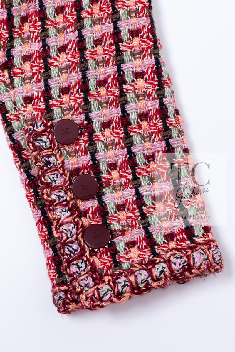CHANEL 02S Vintage Red Mix Trim Collarless Tweed Jacket 34 36 42 シャネル ヴィンテージ レッド ミックス トリム ノーカラー ツイード ジャケット 即発