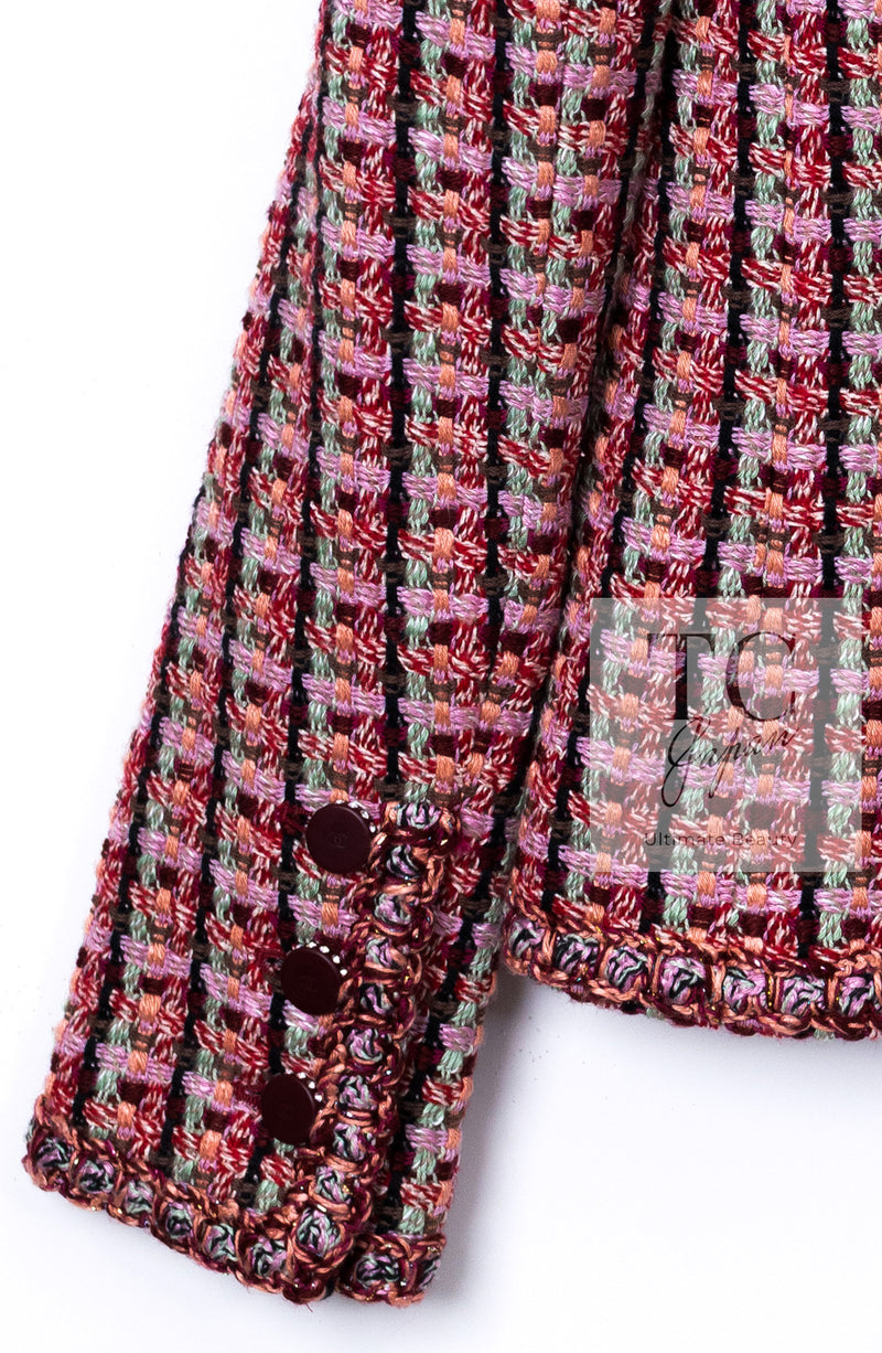 CHANEL 02S Vintage Red Mix Trim Collarless Tweed Jacket 34 36 42 シャネル ヴィンテージ レッド ミックス トリム ノーカラー ツイード ジャケット 即発