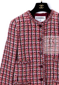 CHANEL 02S Vintage Red Mix Trim Collarless Tweed Jacket 34 36 42 シャネル ヴィンテージ レッド ミックス トリム ノーカラー ツイード ジャケット 即発