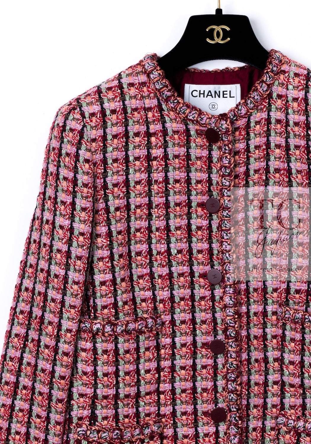 CHANEL 02S Vintage Red Mix Trim Collarless Tweed Jacket 34 36 42 シャネル ヴィンテージ レッド ミックス トリム ノーカラー ツイード ジャケット 即発