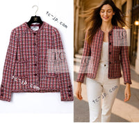 CHANEL 02S Vintage Red Mix Trim Collarless Tweed Jacket 34 36 42 シャネル ヴィンテージ レッド ミックス トリム ノーカラー ツイード ジャケット 即発