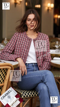 CHANEL 02S Vintage Red Mix Trim Collarless Tweed Jacket 34 36 42 シャネル ヴィンテージ レッド ミックス トリム ノーカラー ツイード ジャケット 即発