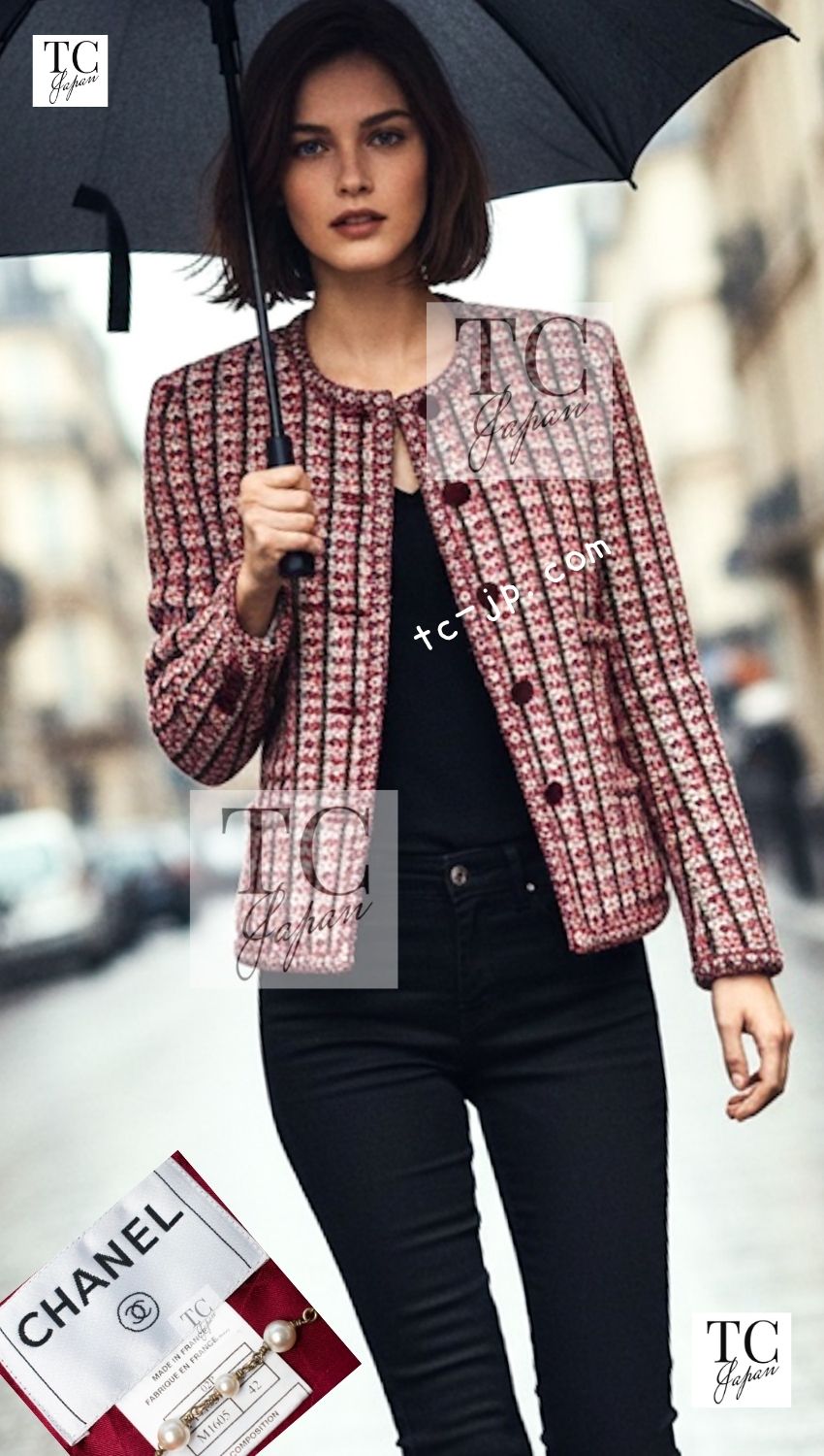 CHANEL 02S Vintage Red Mix Trim Collarless Tweed Jacket 34 36 42 シャネル ヴィンテージ レッド ミックス トリム ノーカラー ツイード ジャケット 即発