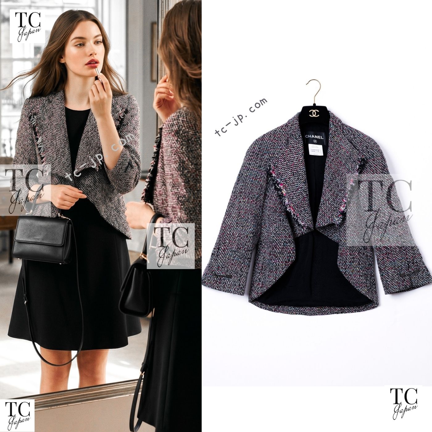 CHANEL 11S Black Red Multicolor Cotton Silk Tweed Jacket 34 36 シャネル ブラック レッド マルチカラー コットン シルク ツイード ジャケット 即発