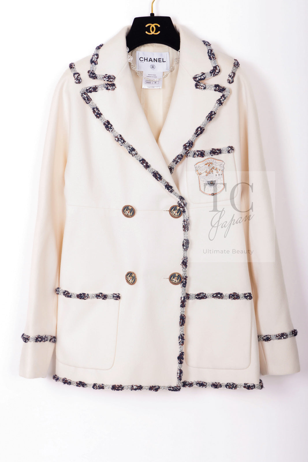 CHANEL 12PF Paris Bombay Ivory Wool Cashmere Blazer Jacket 36シャネル アイボリー エンブレム ウール カシミヤ ブレザー ジャケット 即発