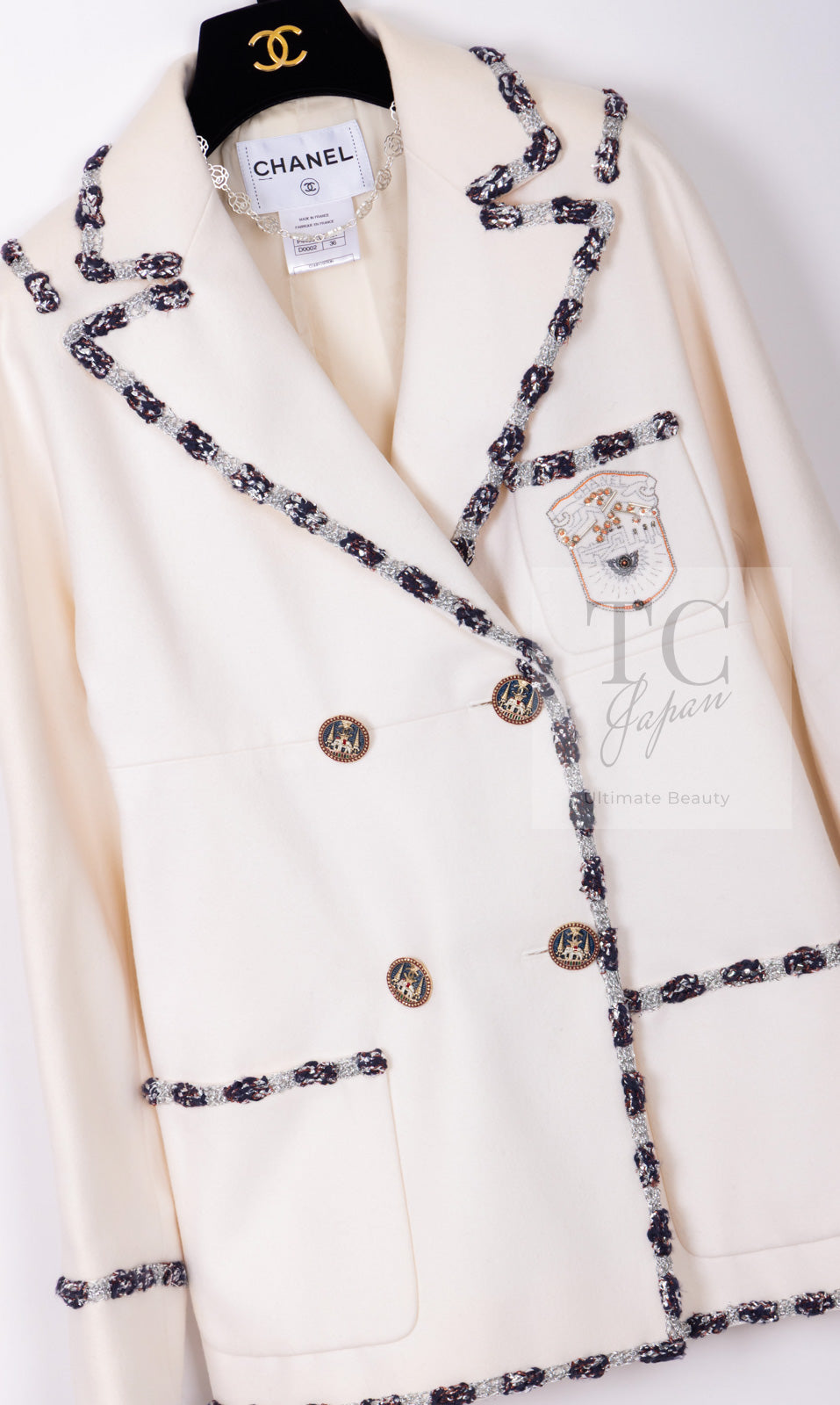 CHANEL 12PF Paris Bombay Ivory Wool Cashmere Blazer Jacket 36シャネル アイボリー エンブレム ウール カシミヤ ブレザー ジャケット 即発