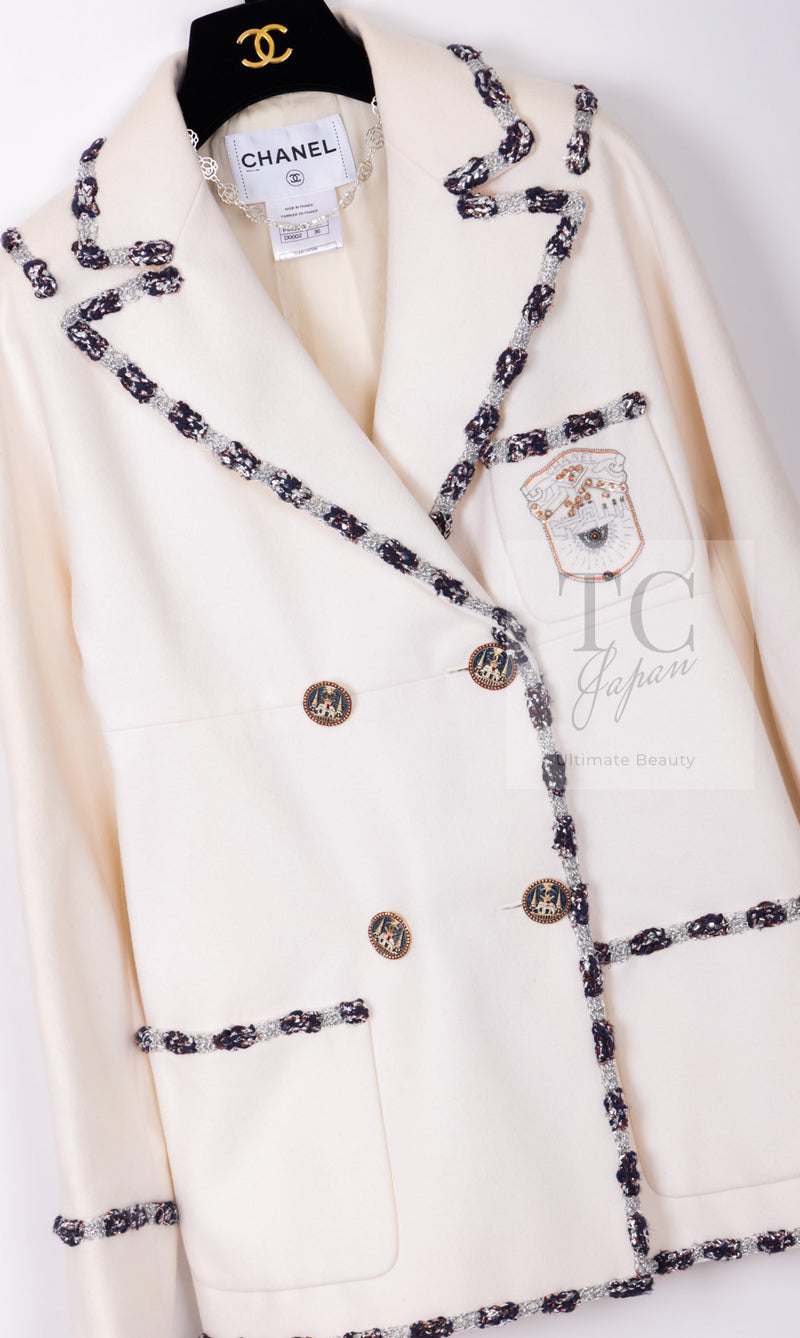 CHANEL 12PF Paris Bombay Ivory Wool Cashmere Blazer Jacket 36シャネル アイボリー エンブレム ウール カシミヤ ブレザー ジャケット 即発