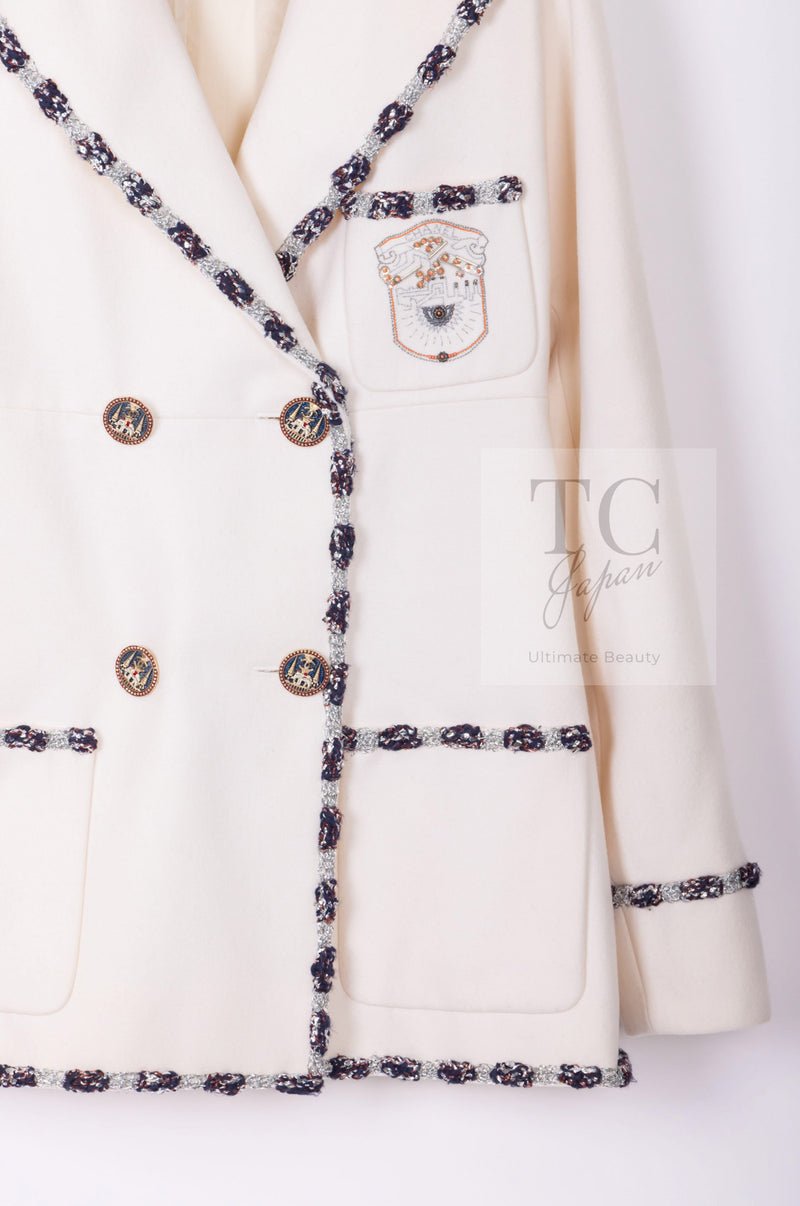 CHANEL 12PF Paris Bombay Ivory Wool Cashmere Blazer Jacket 36シャネル アイボリー エンブレム ウール カシミヤ ブレザー ジャケット 即発