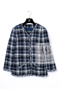 CHANEL 18S Navy Blue Ivory Checked Cotton Collarless Tweed Jacket Skirt Suit 42 シャネル ネイビー ブルー アイボリー チェック コットン ノーカラー ツイード ジャケット スカート スーツ 即発