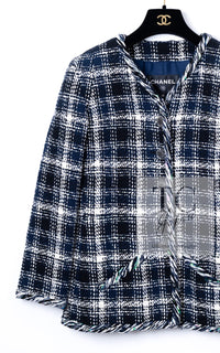 CHANEL 18S Navy Blue Ivory Checked Cotton Collarless Tweed Jacket Skirt Suit 42 シャネル ネイビー ブルー アイボリー チェック コットン ノーカラー ツイード ジャケット スカート スーツ 即発