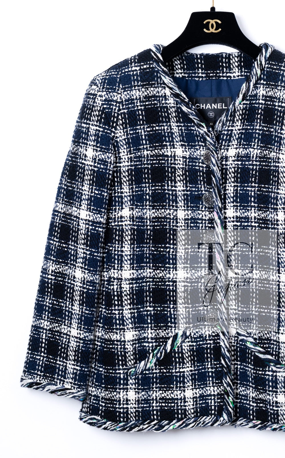 CHANEL 18S Navy Blue Ivory Checked Cotton Collarless Tweed Jacket Skirt Suit 42 シャネル ネイビー ブルー アイボリー チェック コットン ノーカラー ツイード ジャケット スカート スーツ 即発