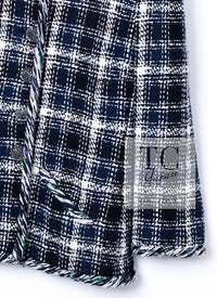 CHANEL 18S Navy Blue Ivory Checked Cotton Collarless Tweed Jacket Skirt Suit 42 シャネル ネイビー ブルー アイボリー チェック コットン ノーカラー ツイード ジャケット スカート スーツ 即発