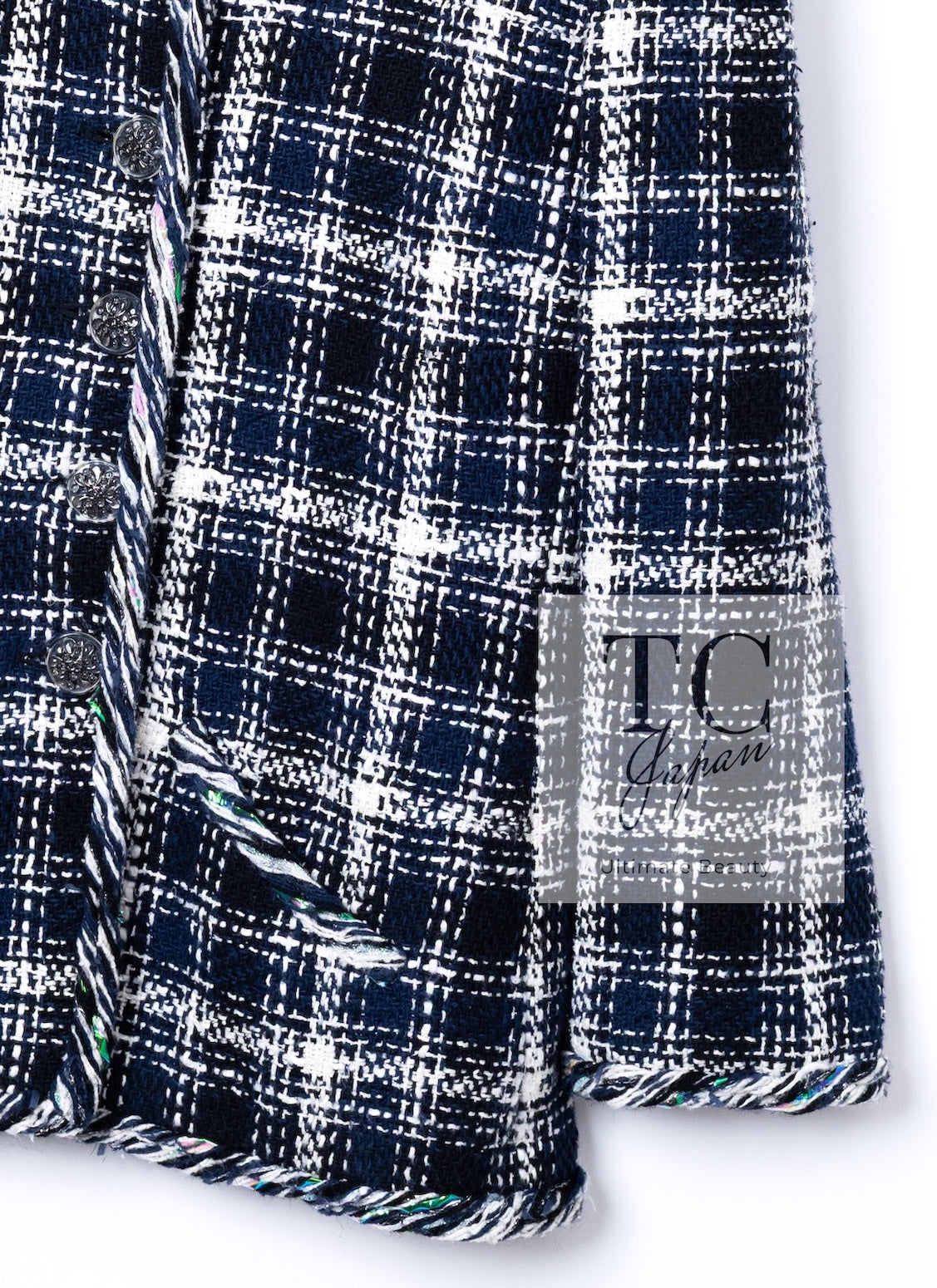 CHANEL 18S Navy Blue Ivory Checked Cotton Collarless Tweed Jacket Skirt Suit 42 シャネル ネイビー ブルー アイボリー チェック コットン ノーカラー ツイード ジャケット スカート スーツ 即発