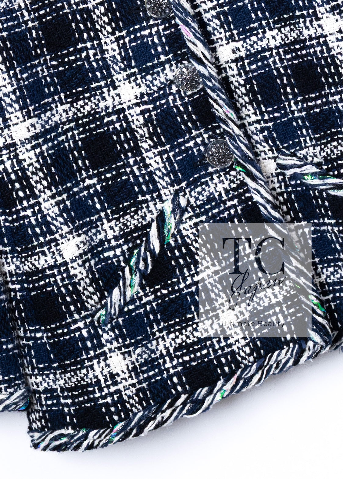 CHANEL 18S Navy Blue Ivory Checked Cotton Collarless Tweed Jacket Skirt Suit 42 シャネル ネイビー ブルー アイボリー チェック コットン ノーカラー ツイード ジャケット スカート スーツ 即発