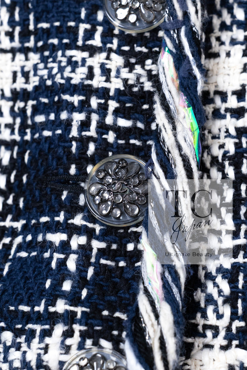 CHANEL 18S Navy Blue Ivory Checked Cotton Collarless Tweed Jacket 36 38 シャネル ネイビー ブルー アイボリー チェック コットン ノーカラー ツイード ジャケット 即発