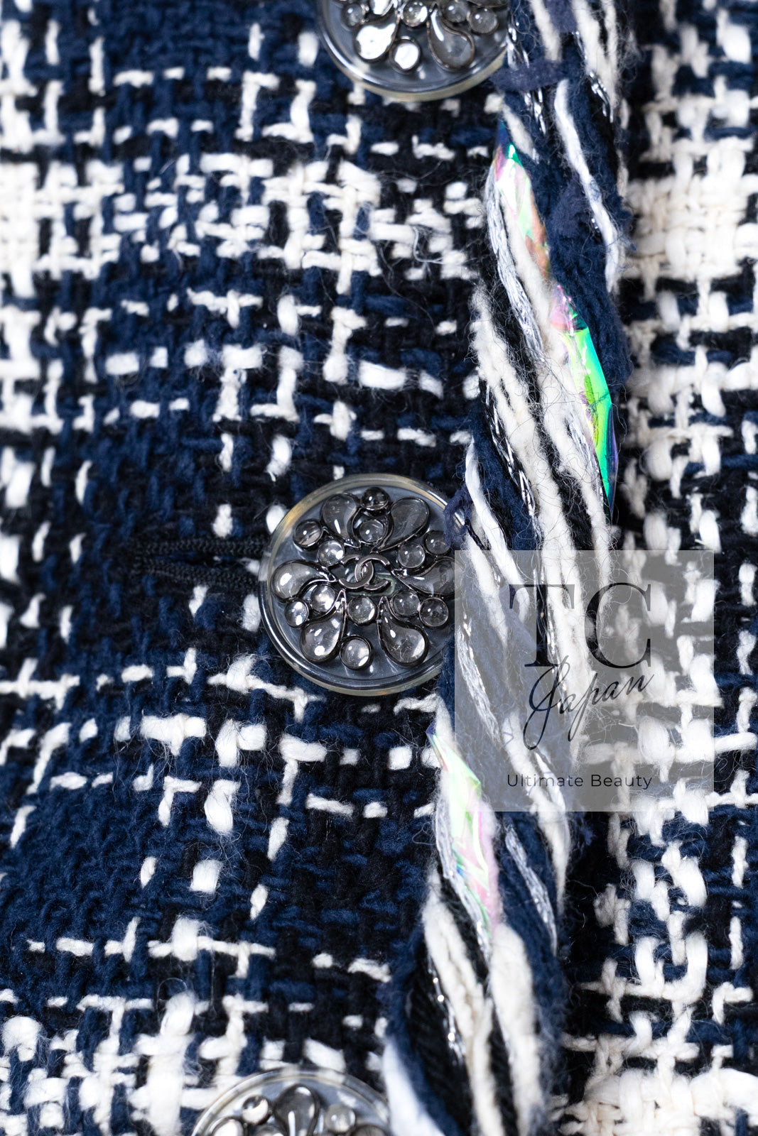 CHANEL 18S Navy Blue Ivory Checked Cotton Collarless Tweed Jacket Skirt Suit 42 シャネル ネイビー ブルー アイボリー チェック コットン ノーカラー ツイード ジャケット スカート スーツ 即発