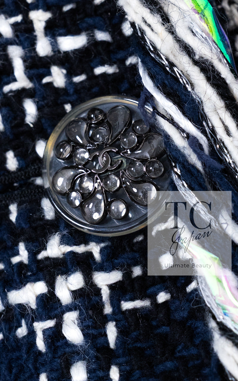 CHANEL 18S Navy Blue Ivory Checked Cotton Collarless Tweed Jacket Skirt Suit 42 シャネル ネイビー ブルー アイボリー チェック コットン ノーカラー ツイード ジャケット スカート スーツ 即発