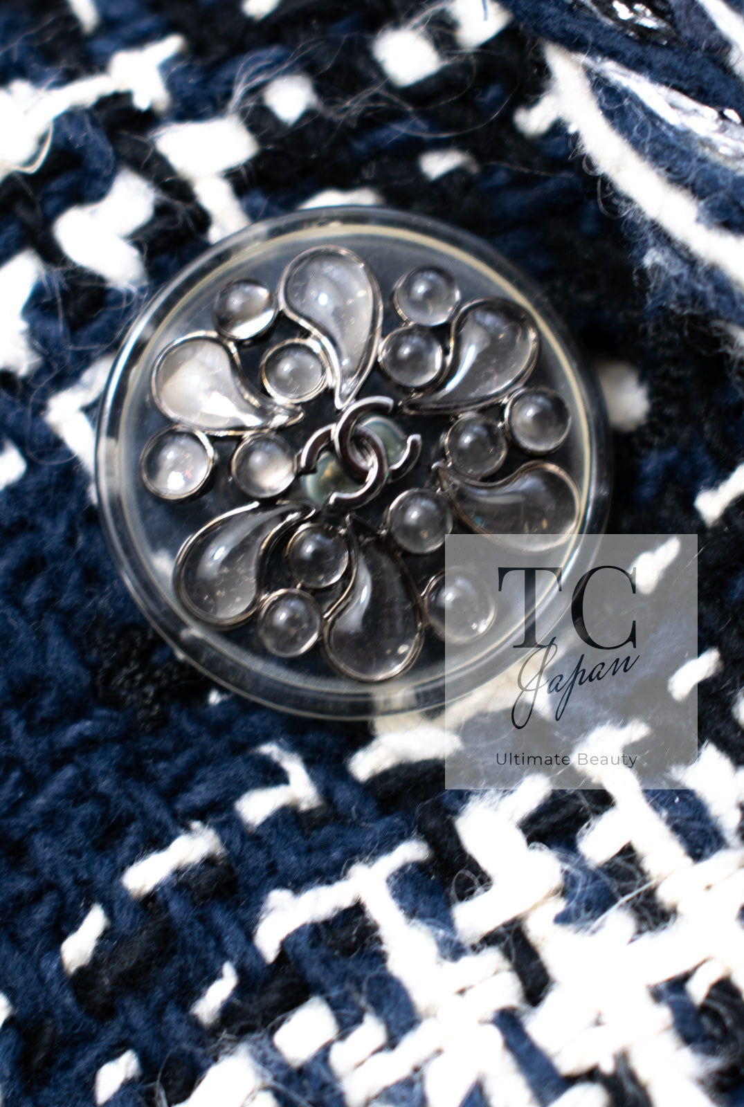 CHANEL 18S Navy Blue Ivory Checked Cotton Collarless Tweed Jacket Skirt Suit 42 シャネル ネイビー ブルー アイボリー チェック コットン ノーカラー ツイード ジャケット スカート スーツ 即発