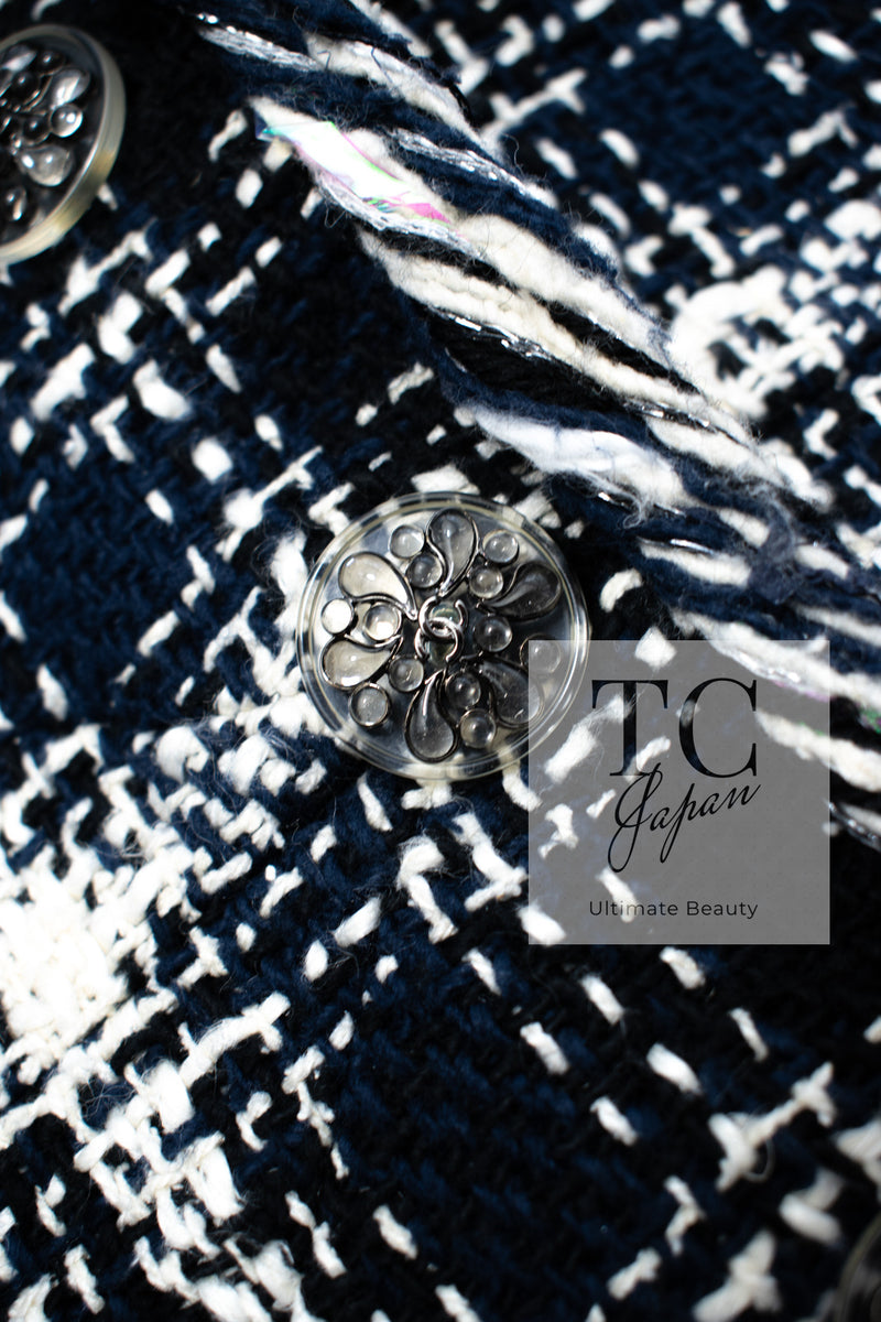 CHANEL 18S Navy Blue Ivory Checked Cotton Collarless Tweed Jacket 36 38 シャネル ネイビー ブルー アイボリー チェック コットン ノーカラー ツイード ジャケット 即発