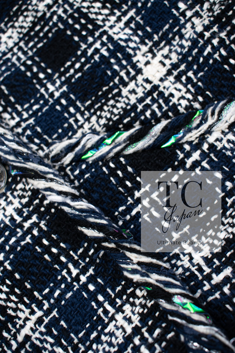 CHANEL 18S Navy Blue Ivory Checked Cotton Collarless Tweed Jacket 36 38 シャネル ネイビー ブルー アイボリー チェック コットン ノーカラー ツイード ジャケット 即発