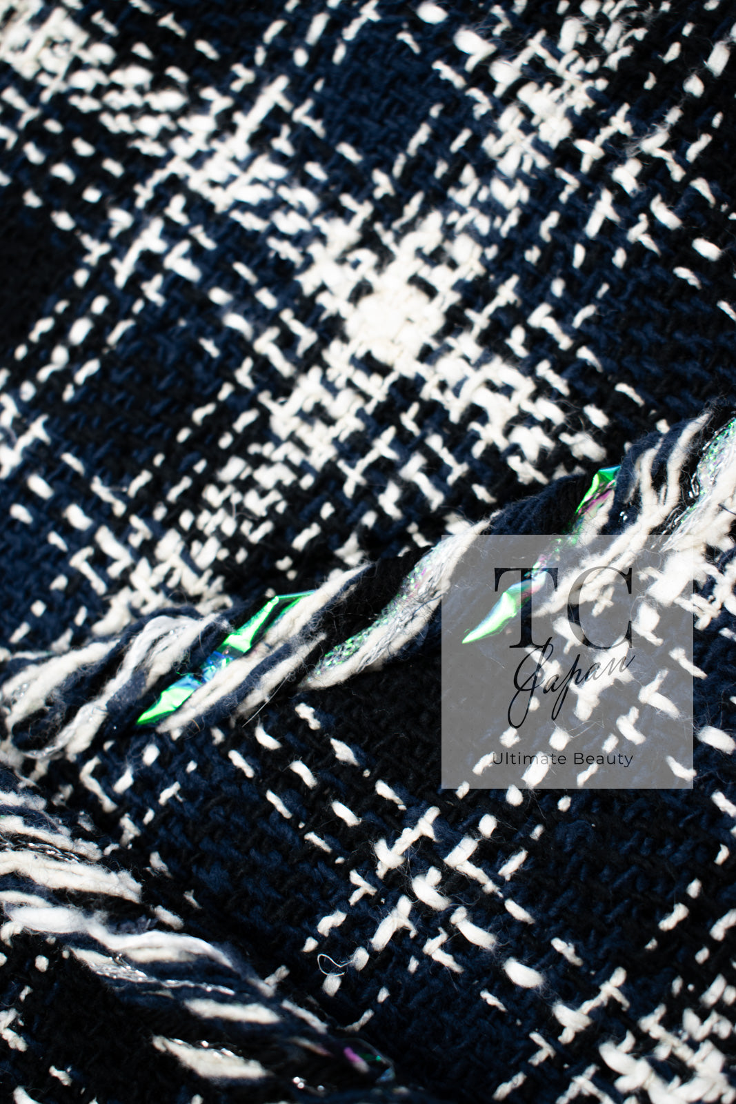 CHANEL 18S Navy Blue Ivory Checked Cotton Collarless Tweed Jacket Skirt Suit 42 シャネル ネイビー ブルー アイボリー チェック コットン ノーカラー ツイード ジャケット スカート スーツ 即発