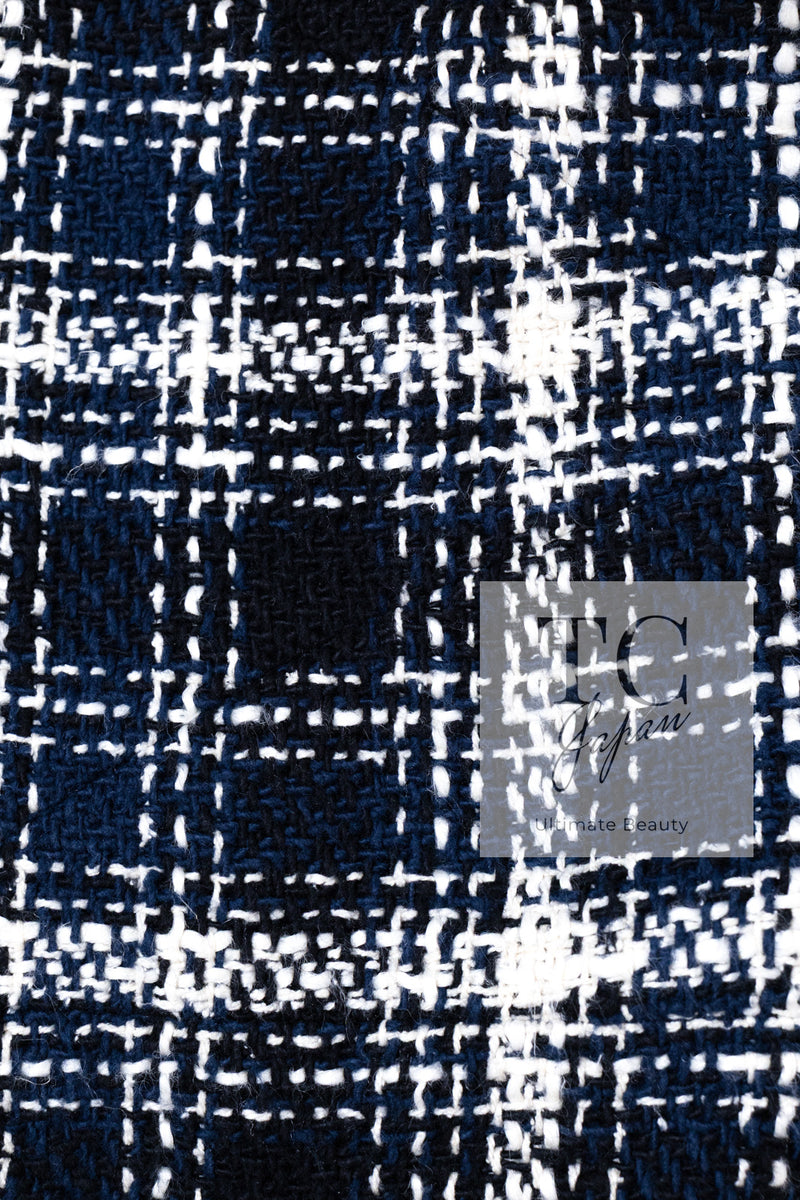 CHANEL 18S Navy Blue Ivory Checked Cotton Collarless Tweed Jacket 36 38 シャネル ネイビー ブルー アイボリー チェック コットン ノーカラー ツイード ジャケット 即発