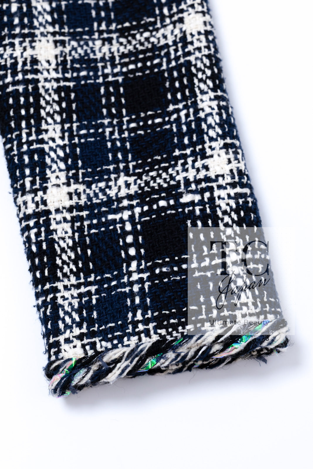 CHANEL 18S Navy Blue Ivory Checked Cotton Collarless Tweed Jacket Skirt Suit 42 シャネル ネイビー ブルー アイボリー チェック コットン ノーカラー ツイード ジャケット スカート スーツ 即発