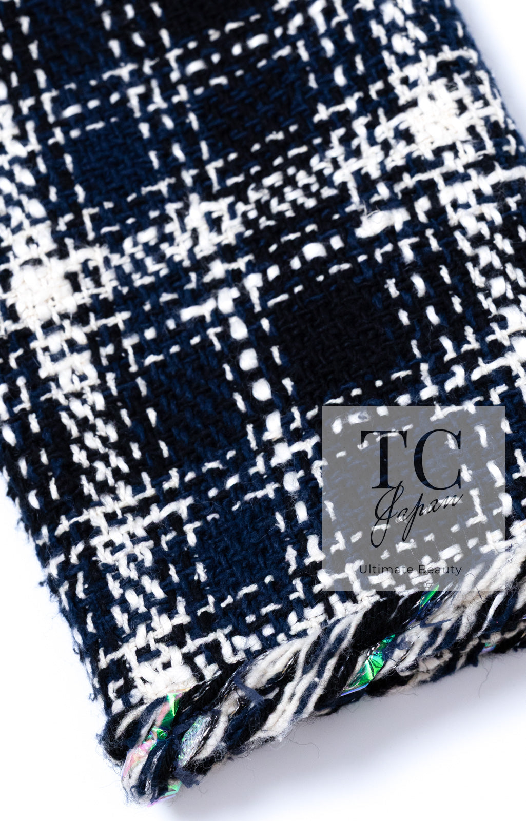 CHANEL 18S Navy Blue Ivory Checked Cotton Collarless Tweed Jacket 36 38 シャネル ネイビー ブルー アイボリー チェック コットン ノーカラー ツイード ジャケット 即発