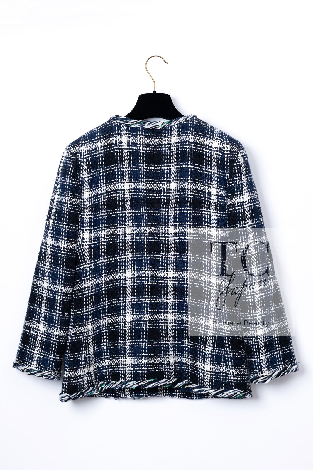 CHANEL 18S Navy Blue Ivory Checked Cotton Collarless Tweed Jacket Skirt Suit 42 シャネル ネイビー ブルー アイボリー チェック コットン ノーカラー ツイード ジャケット スカート スーツ 即発