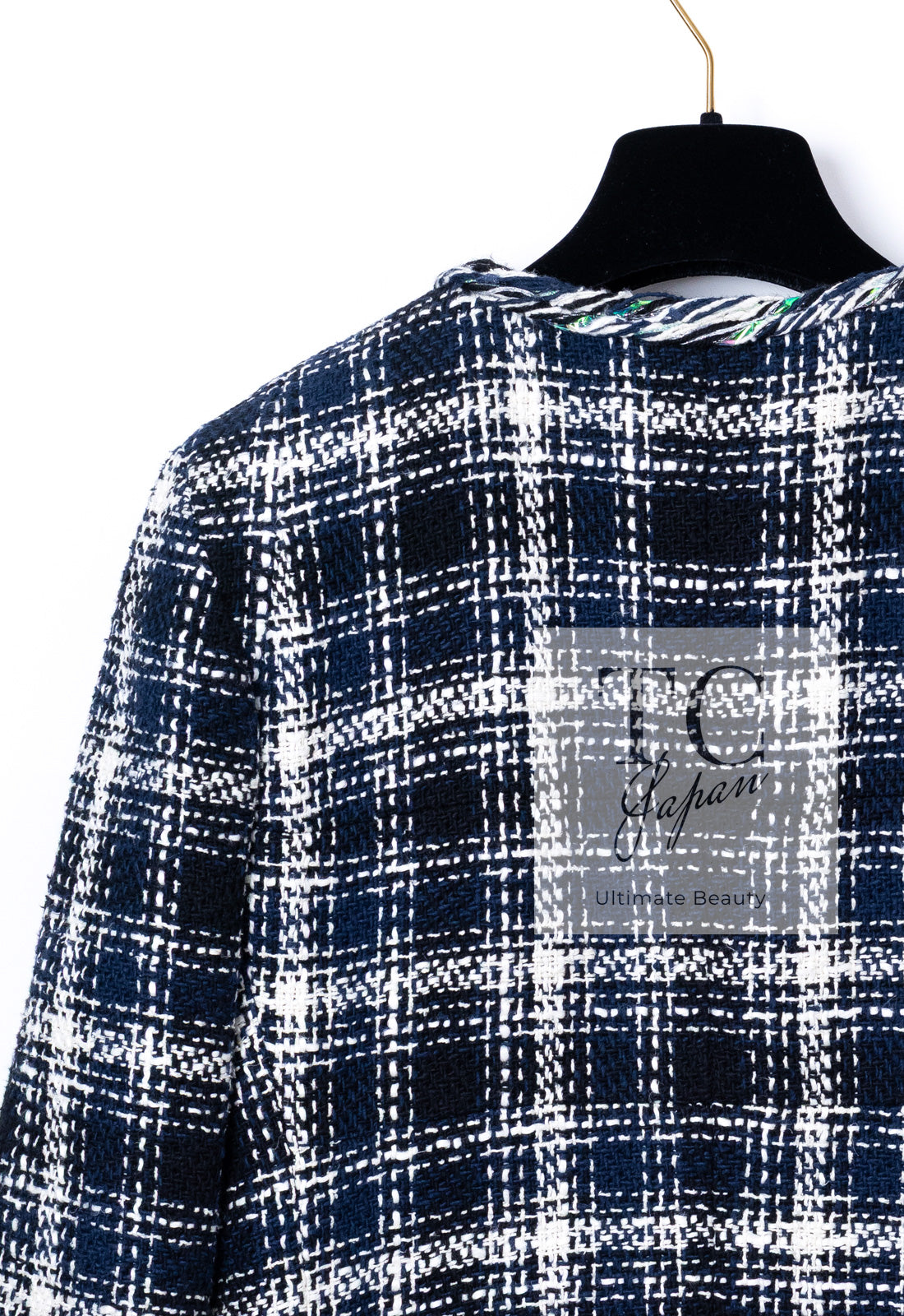 CHANEL 18S Navy Blue Ivory Checked Cotton Collarless Tweed Jacket 36 38 シャネル ネイビー ブルー アイボリー チェック コットン ノーカラー ツイード ジャケット 即発