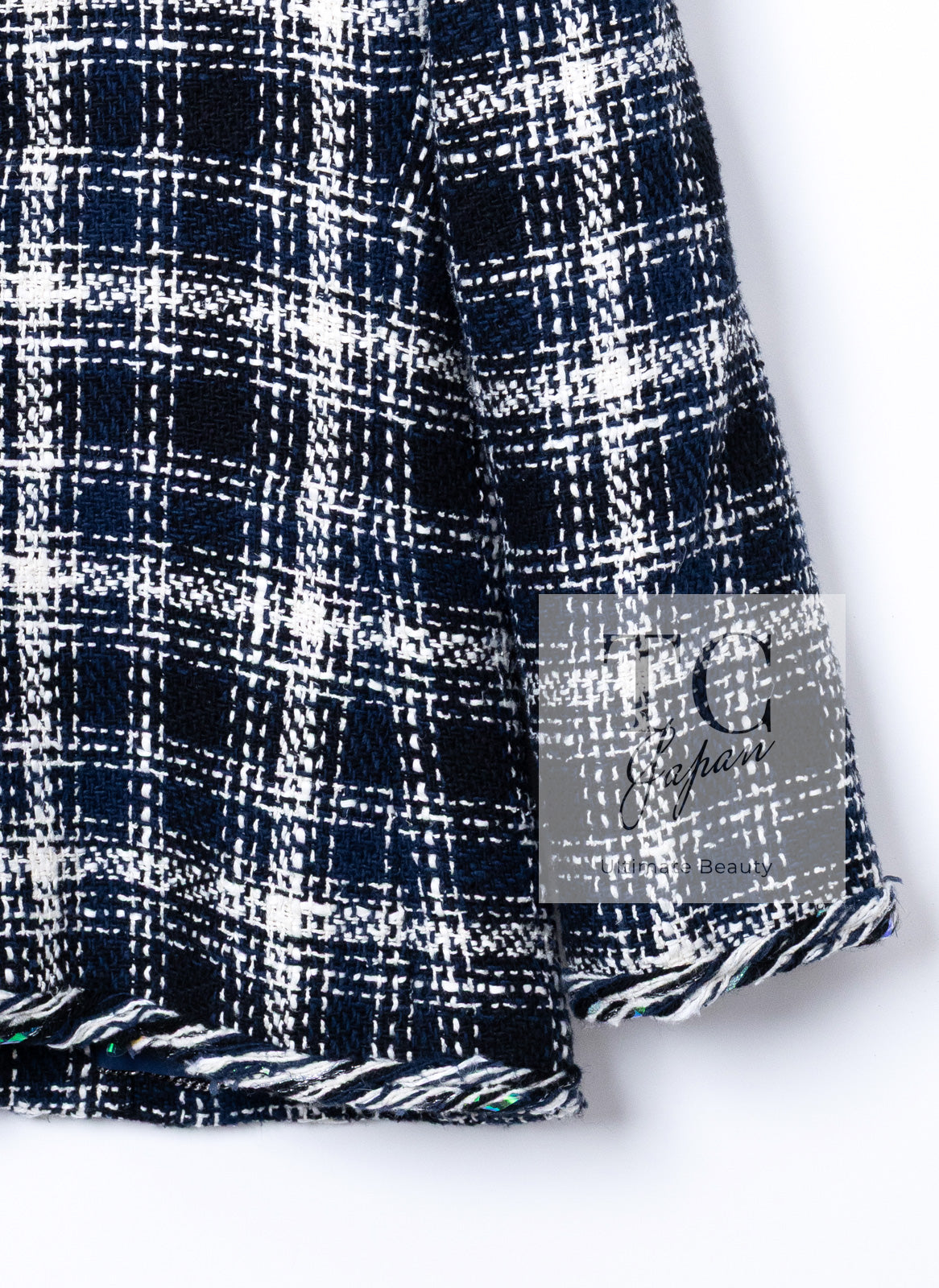 CHANEL 18S Navy Blue Ivory Checked Cotton Collarless Tweed Jacket Skirt Suit 42 シャネル ネイビー ブルー アイボリー チェック コットン ノーカラー ツイード ジャケット スカート スーツ 即発 - TC JAPAN