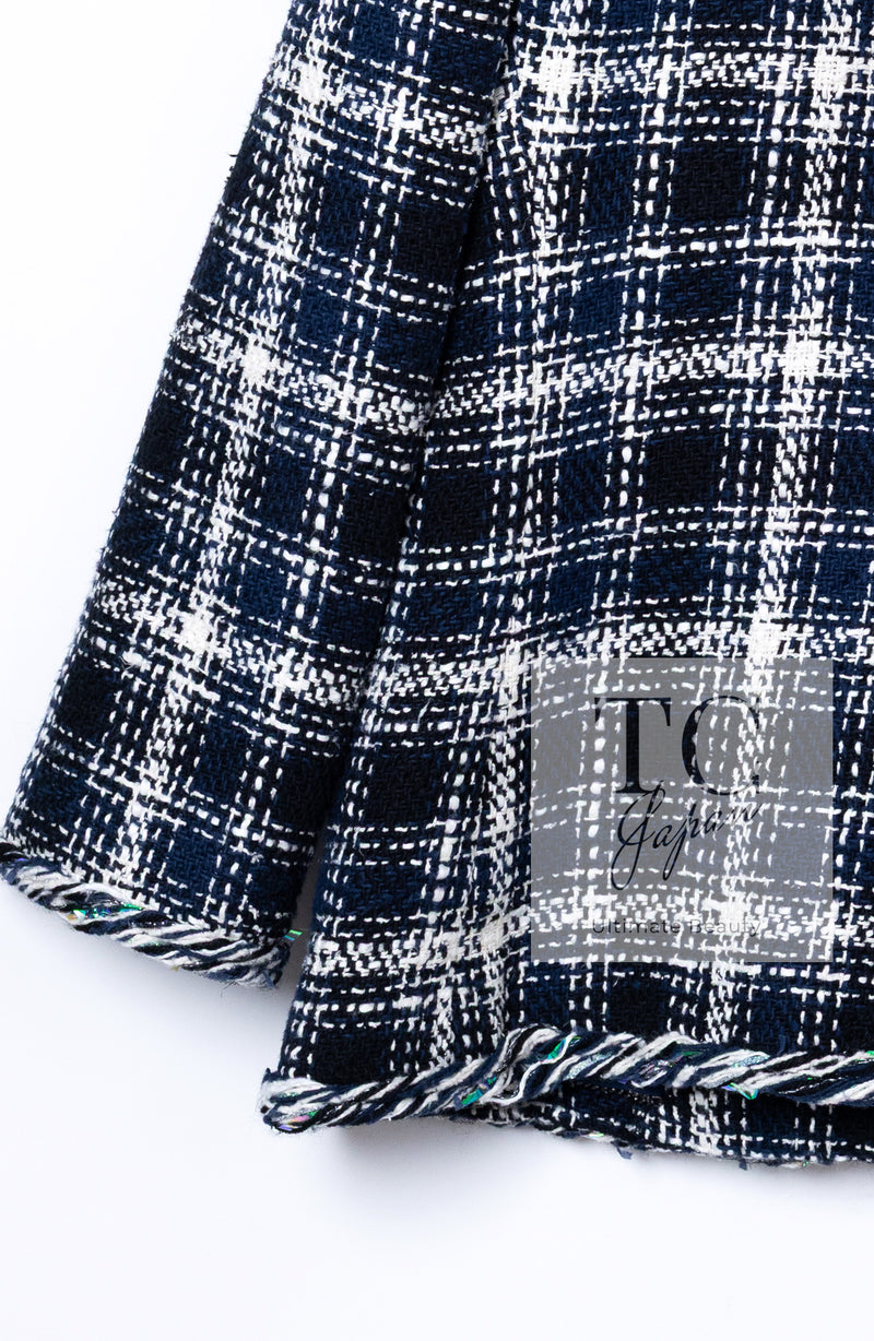 CHANEL 18S Navy Blue Ivory Checked Cotton Collarless Tweed Jacket 36 38 シャネル ネイビー ブルー アイボリー チェック コットン ノーカラー ツイード ジャケット 即発