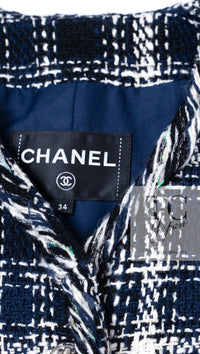 CHANEL 18S Navy Blue Ivory Checked Cotton Collarless Tweed Jacket 36 38 シャネル ネイビー ブルー アイボリー チェック コットン ノーカラー ツイード ジャケット 即発