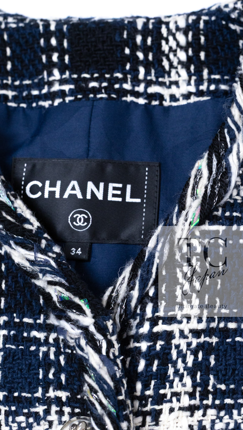 CHANEL 18S Navy Blue Ivory Checked Cotton Collarless Tweed Jacket 36 38 シャネル ネイビー ブルー アイボリー チェック コットン ノーカラー ツイード ジャケット 即発